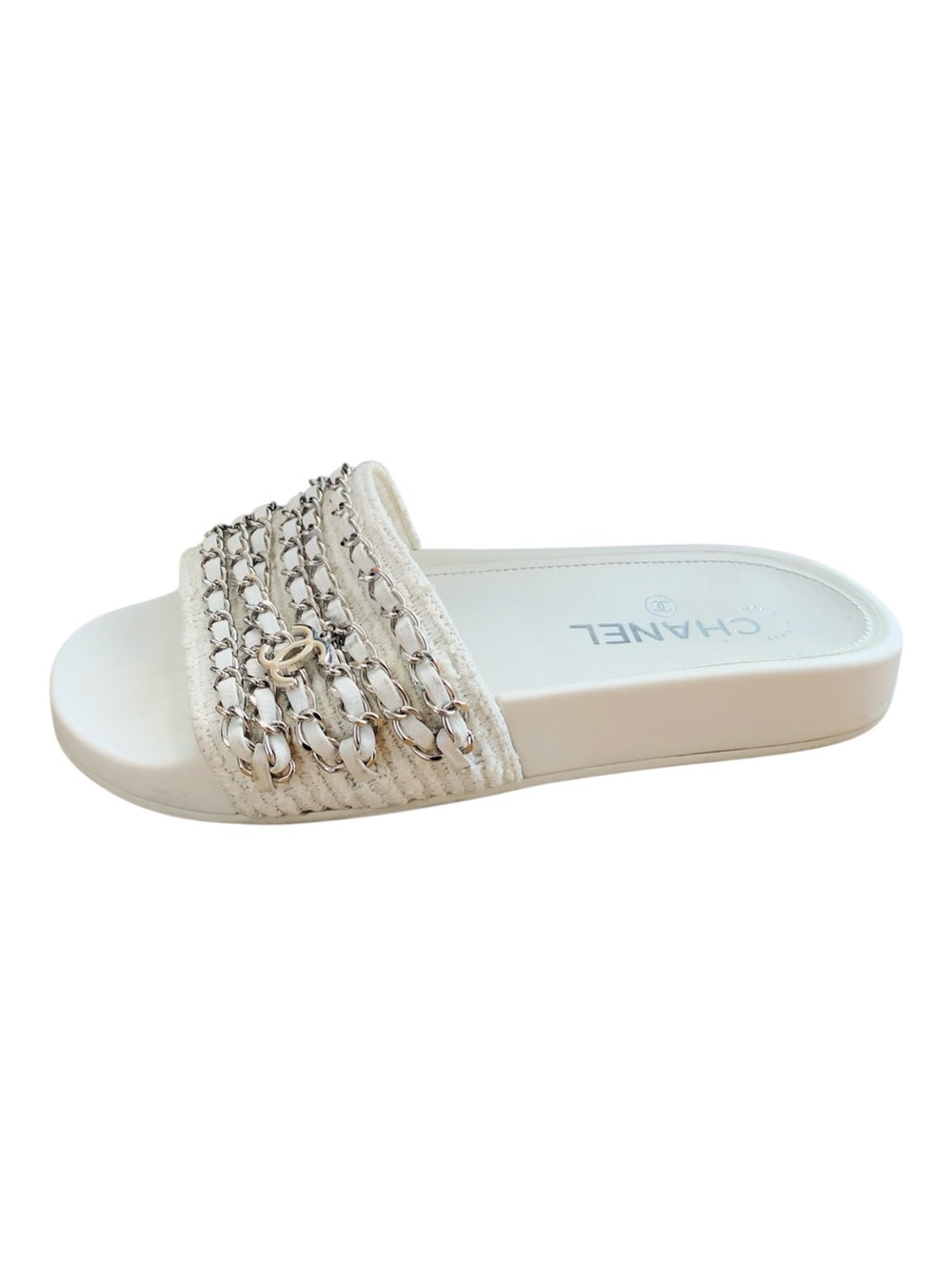 CHANEL White Silver Chain CC Logo Slide Sandals Made in Italy Size 36 US 6